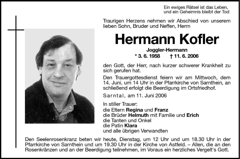  Traueranzeige für Hermann Kofler vom 13.06.2006 aus Dolomiten