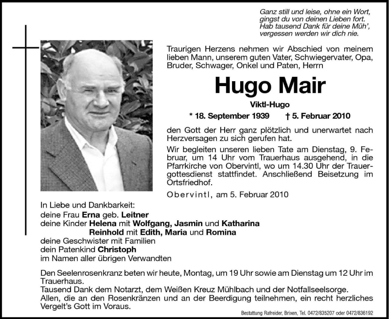  Traueranzeige für Hugo Mair vom 08.02.2010 aus Dolomiten