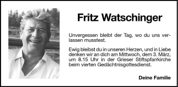 Traueranzeige von Fritz Watschinger von Dolomiten