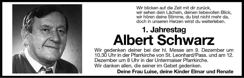  Traueranzeige für Albert Schwarz vom 07.12.2001 aus Dolomiten