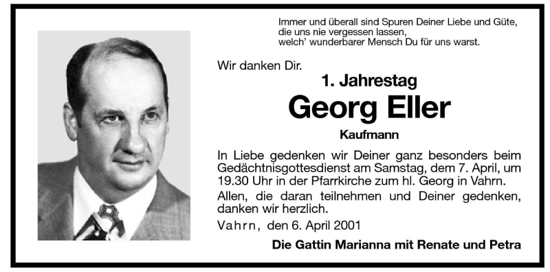  Traueranzeige für Georg Eller vom 06.04.2001 aus Dolomiten