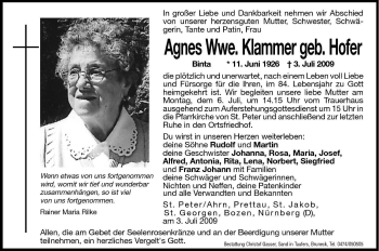 Traueranzeige von Agnes Klammer von Dolomiten