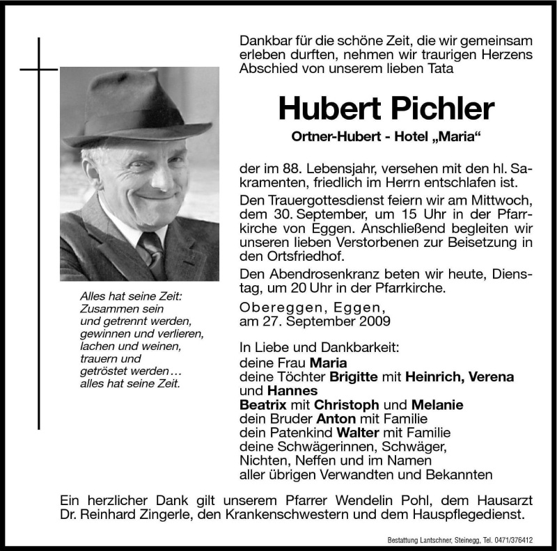  Traueranzeige für Hubert Pichler vom 29.09.2009 aus Dolomiten