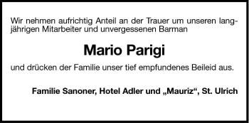 Traueranzeige von Mario Parigi von Dolomiten