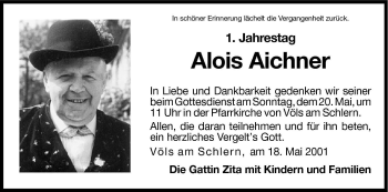 Traueranzeige von Alois Aichner von Dolomiten