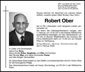 Traueranzeige von Robert Ober von Dolomiten