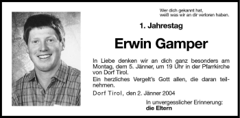 Traueranzeige von Erwin Gamper von Dolomiten