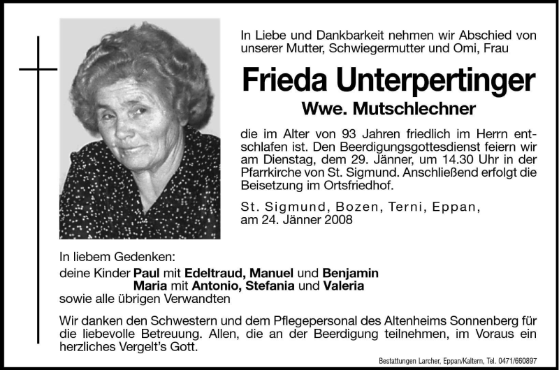  Traueranzeige für Frieda Mutschlechner vom 26.01.2008 aus Dolomiten
