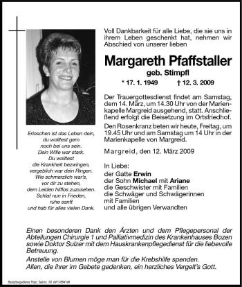 Traueranzeige von Margareth Pfaffstaller von Dolomiten