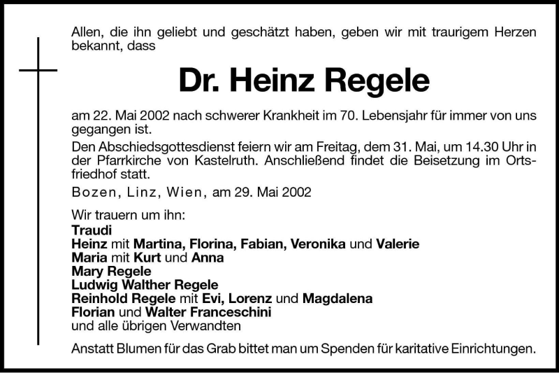  Traueranzeige für Heinz Regele vom 29.05.2002 aus Dolomiten