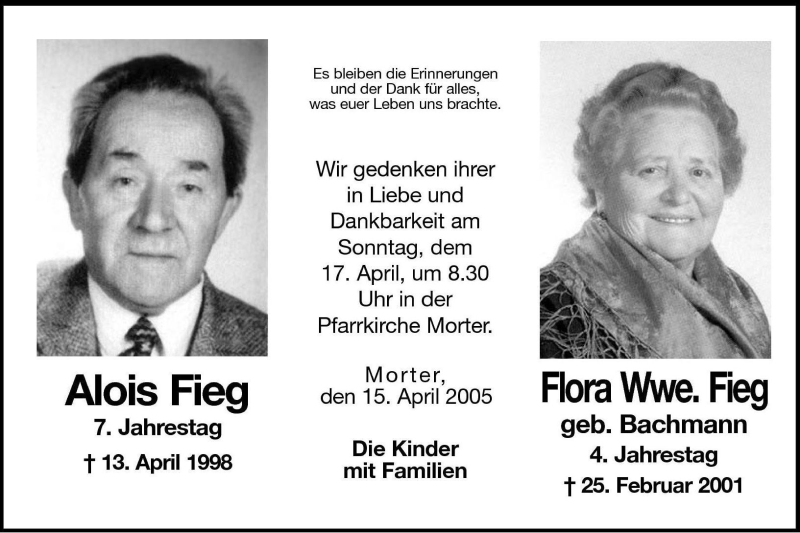  Traueranzeige für Alois Fieg vom 15.04.2005 aus Dolomiten