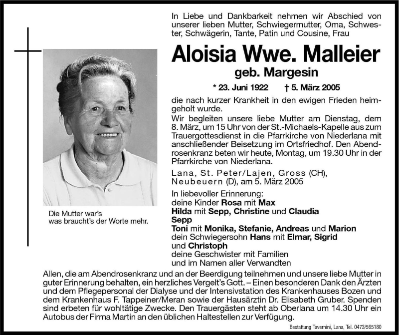  Traueranzeige für Aloisia Malleier vom 07.03.2005 aus Dolomiten