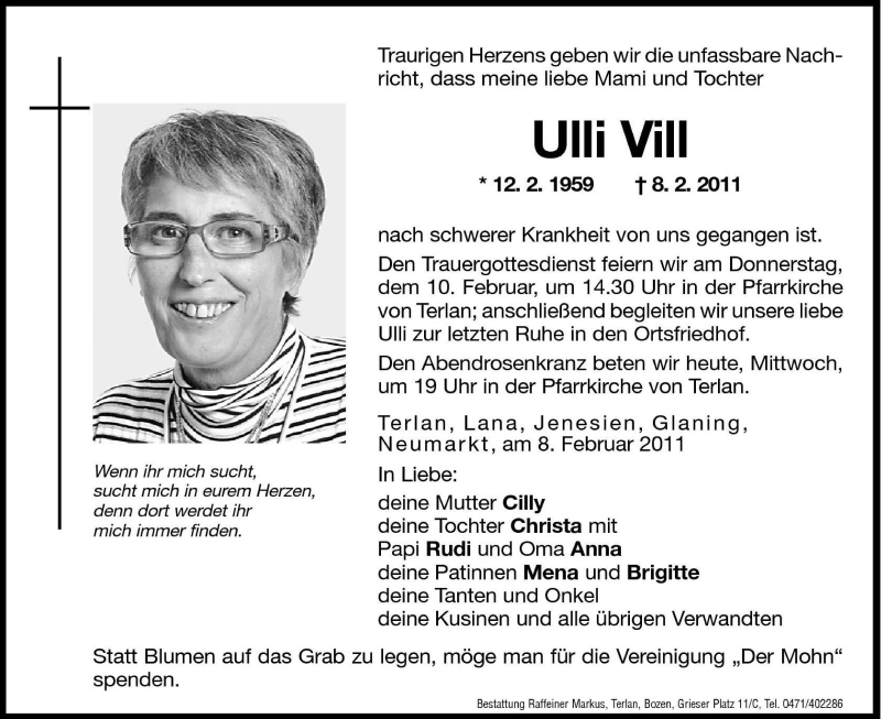  Traueranzeige für Ulli Vill vom 09.02.2011 aus Dolomiten