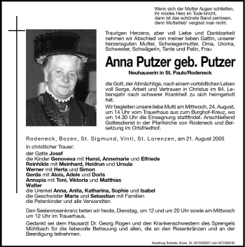 Traueranzeige von Anna Putzer von Dolomiten