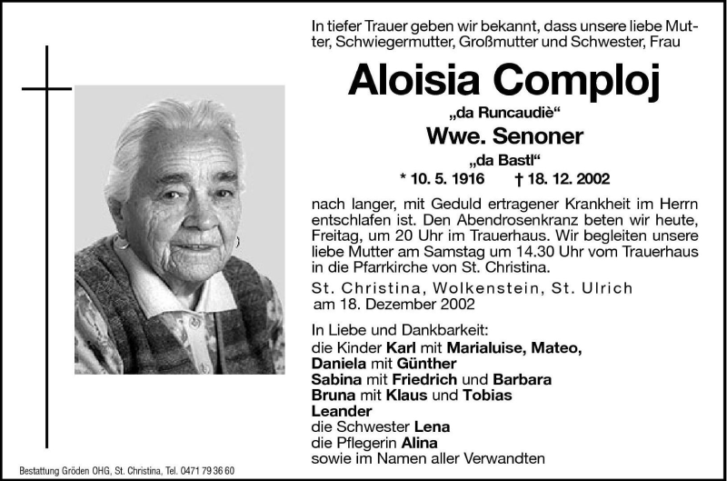  Traueranzeige für Aloisia Senoner vom 20.12.2002 aus Dolomiten