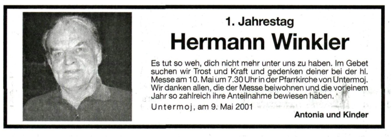  Traueranzeige für Hermann Winkler vom 09.05.2001 aus Dolomiten