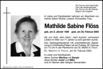 Traueranzeige von Mathilde Sabine Flöss von Dolomiten