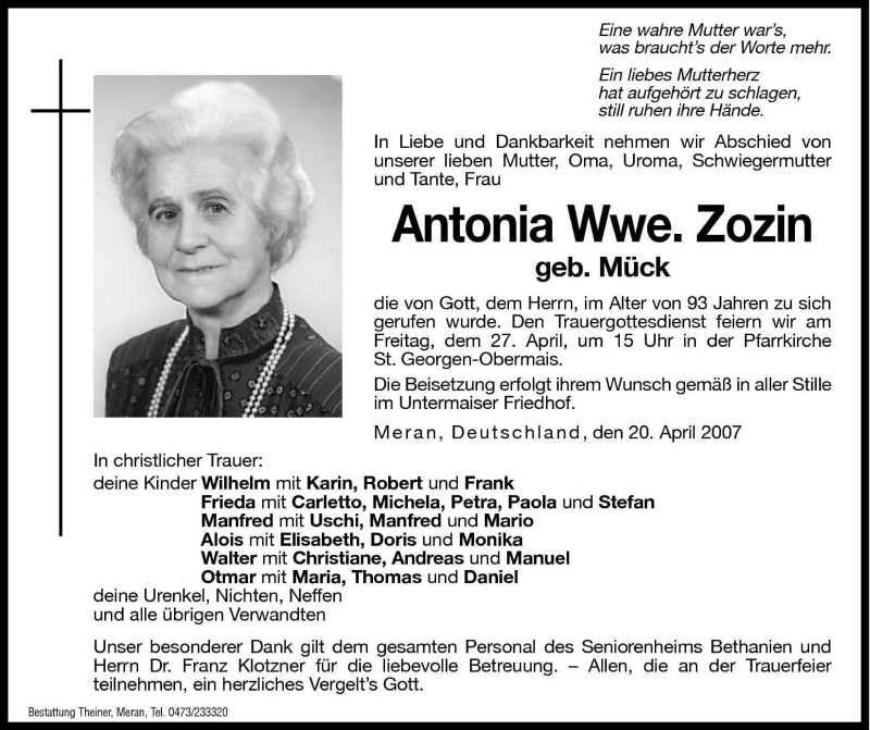  Traueranzeige für Antonia Zozin vom 26.04.2007 aus Dolomiten