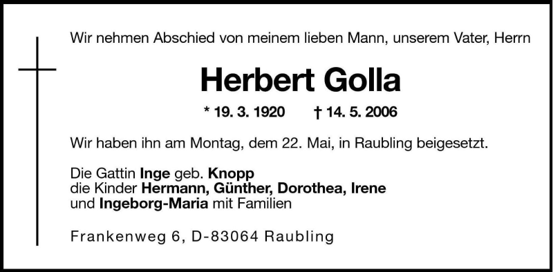  Traueranzeige für Herbert Golla vom 26.05.2006 aus Dolomiten