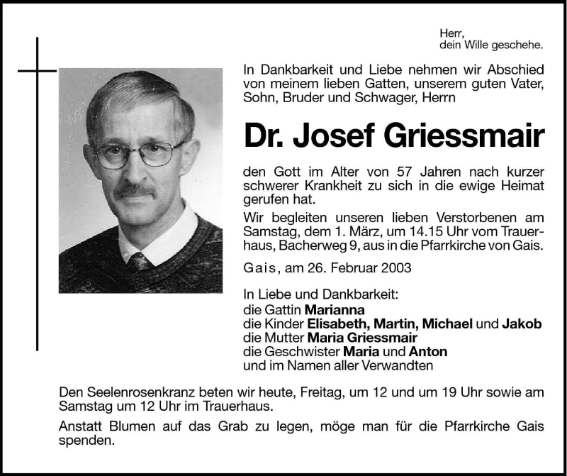  Traueranzeige für Josef Griessmair vom 28.02.2003 aus Dolomiten
