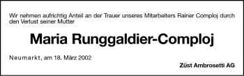 Traueranzeige von Maria Runggaldier-Comploj von Dolomiten