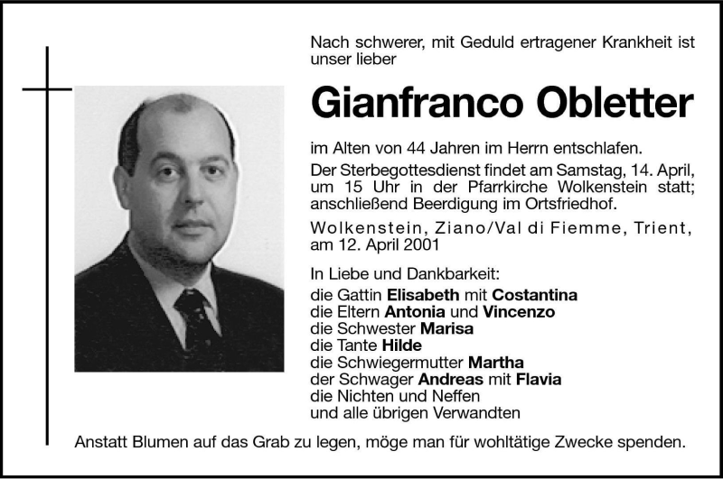  Traueranzeige für Gianfranco Obletter vom 13.04.2001 aus Dolomiten