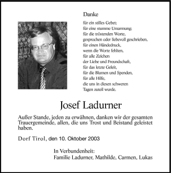Traueranzeige von Josef Ladurner von Dolomiten