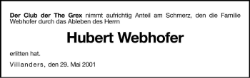 Traueranzeige von Hubert Webhofer von Dolomiten