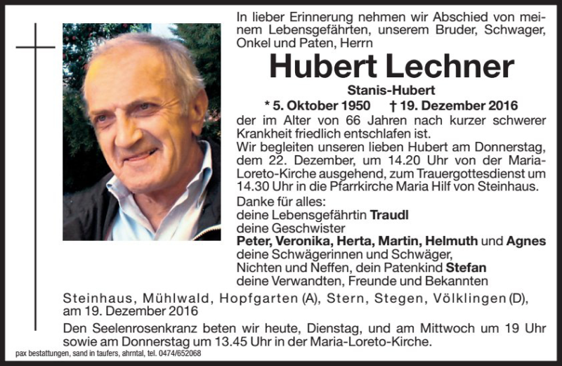  Traueranzeige für Hubert Lechner vom 20.12.2016 aus Dolomiten