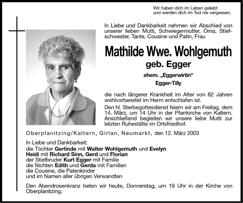  Traueranzeige für Mathilde Wohlgemuth vom 13.03.2003 aus Dolomiten