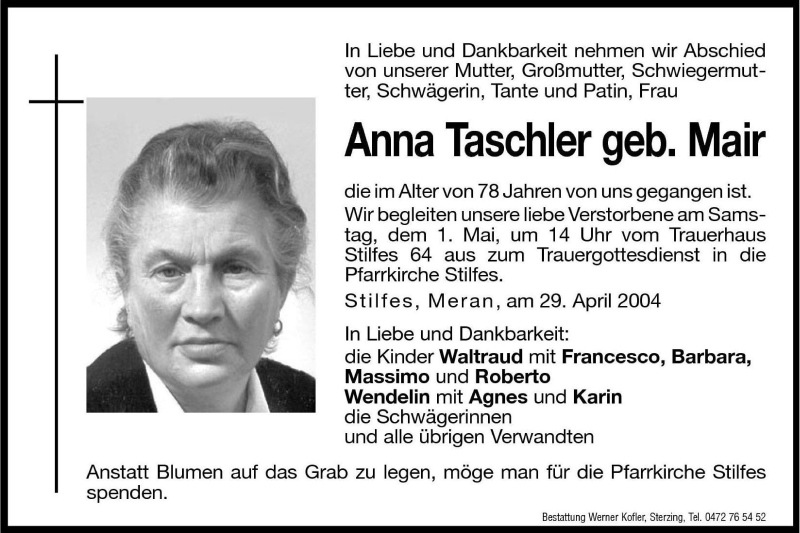  Traueranzeige für Anna Taschler vom 30.04.2004 aus Dolomiten