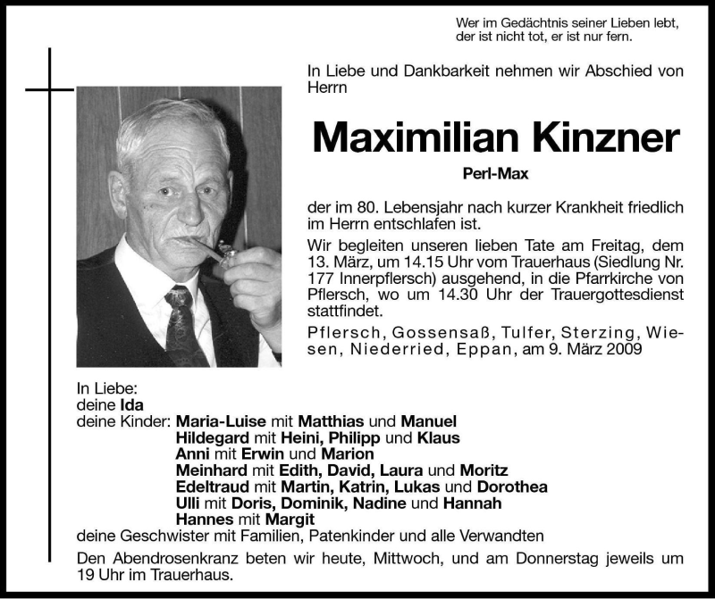  Traueranzeige für Maximilian Kinzner vom 11.03.2009 aus Dolomiten