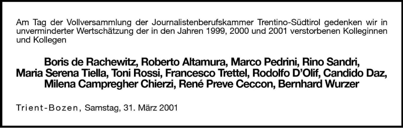  Traueranzeige für Boris de Raschewitz vom 31.03.2001 aus Dolomiten