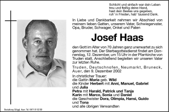 Traueranzeige von Josef Haas von Dolomiten