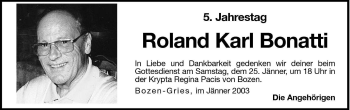 Traueranzeige von Roland Karl Bonatti von Dolomiten