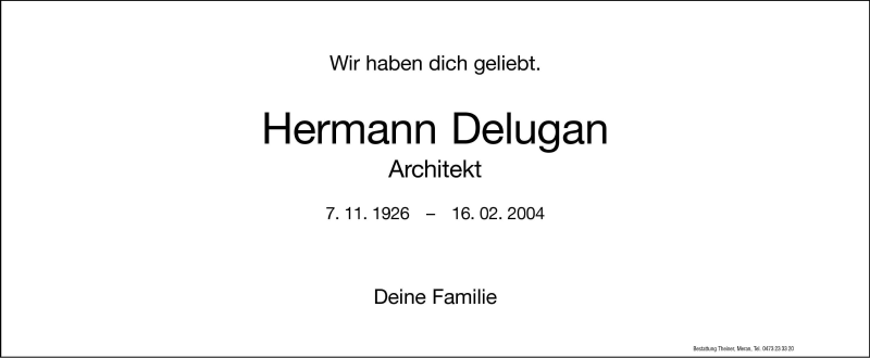  Traueranzeige für Hermann Delugan vom 20.02.2004 aus Dolomiten