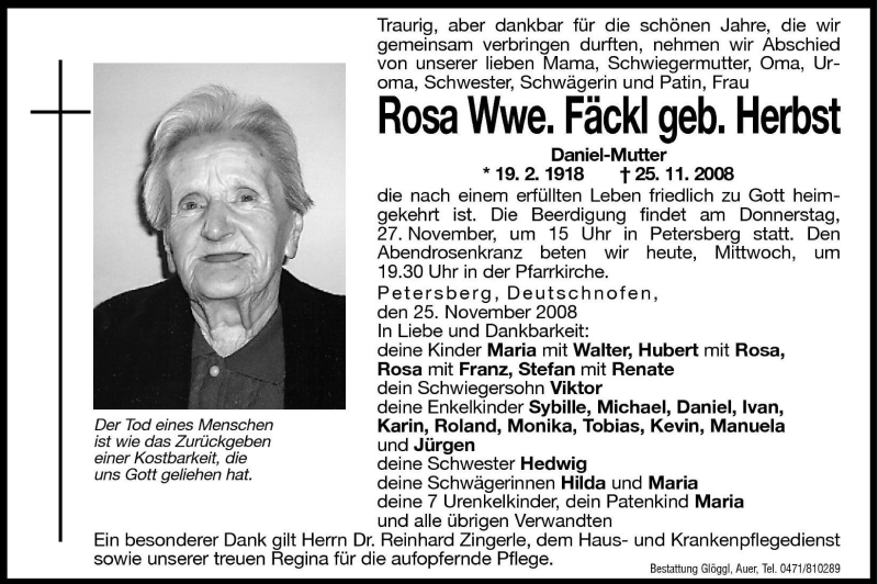  Traueranzeige für Rosa Fäckl vom 26.11.2008 aus Dolomiten