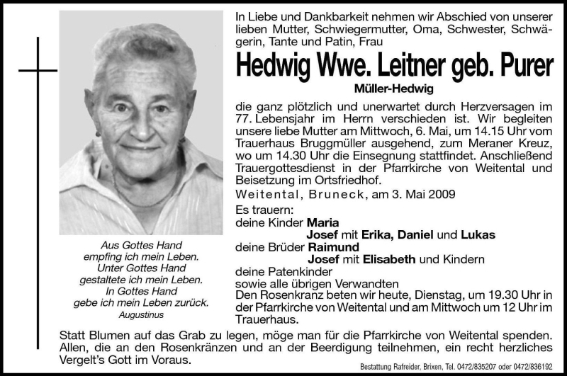  Traueranzeige für Hedwig Leitner vom 05.05.2009 aus Dolomiten
