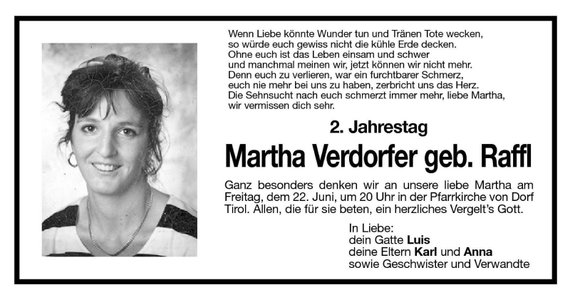  Traueranzeige für Martha Verdorfer vom 21.06.2001 aus Dolomiten