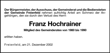 Traueranzeige von Franz Hochrainer von Dolomiten