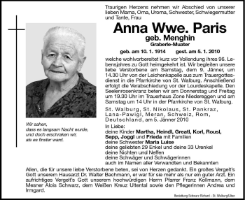 Traueranzeige von Anna Paris von Dolomiten