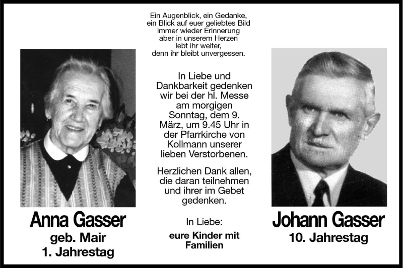  Traueranzeige für Johann Gasser vom 08.03.2003 aus Dolomiten