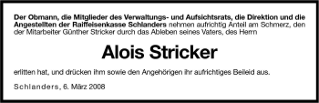 Traueranzeige von Alois Stricker von Dolomiten