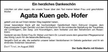 Traueranzeige von Agata Kuen von Dolomiten