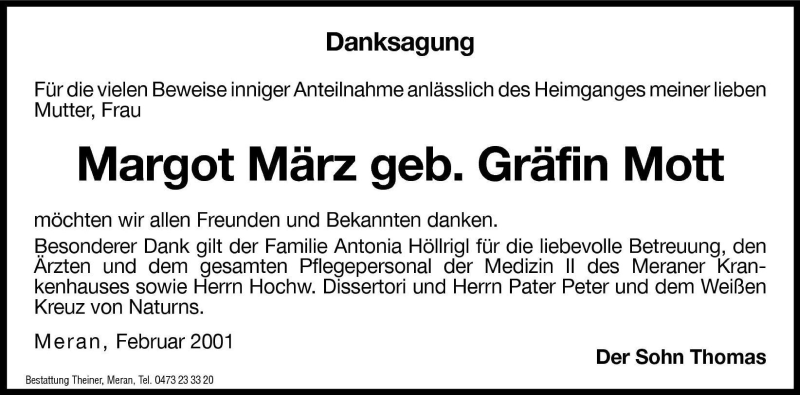  Traueranzeige für Margot März vom 23.02.2001 aus Dolomiten