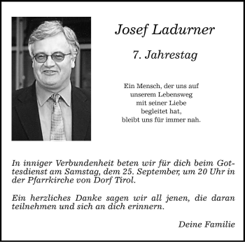 Traueranzeige von Josef Ladurner von Dolomiten