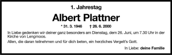 Traueranzeige von Albert Plattner von Dolomiten