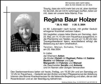 Traueranzeige von Regina Baur Holzer von Dolomiten