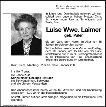 Traueranzeige von Luise Laimer von Dolomiten