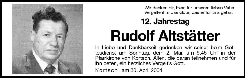  Traueranzeige für Rudolf Altstätter vom 30.04.2004 aus Dolomiten